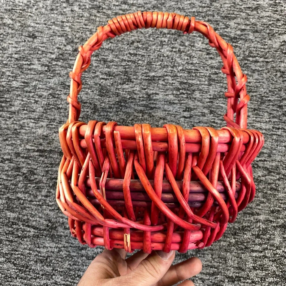 Vintage Red Woven Wicker Gathering Basket 11 Inch Handled Rustic Farmhouse Decor